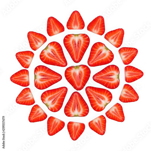 Cute strawberry flower arrangement made of red strawberries in a circular pattern
