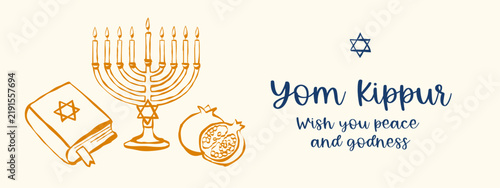 Obraz na płótnie Yom Kippur greeting with menorah, pomegranate, and star of David symbols