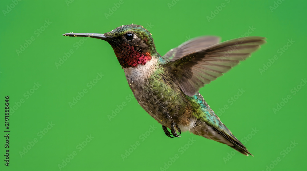 Fototapeta premium Male ruby throated hummingbird flying in mid air showcasing iridescent green and red feathers