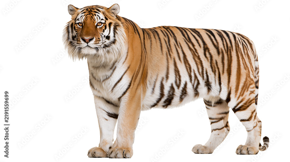 Obraz premium Majestic Bengal tiger standing in profile with orange fur and black stripes