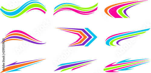 Colorful speed lines vector set. Includes dynamic racing stripes, curved arrows, and motion waves. Vibrant modern graphics for sports branding, automotive decals, and fast movement themes.
