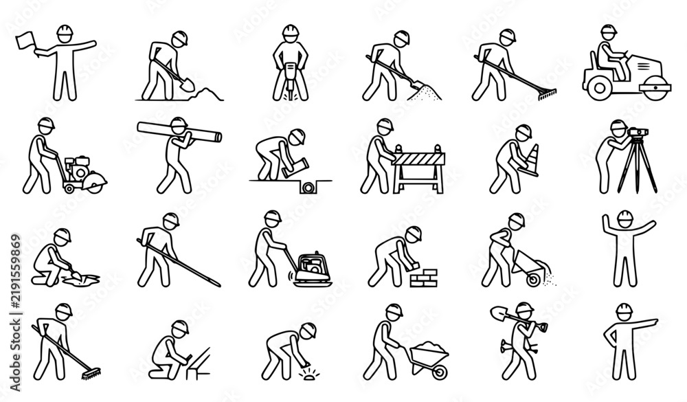 Obraz premium Highway Construction Worker Action Stick Figure Pictogram Collection