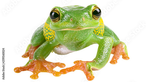 Fotografía Bright green tree frog with yellow spotted flanks and orange webbed feet