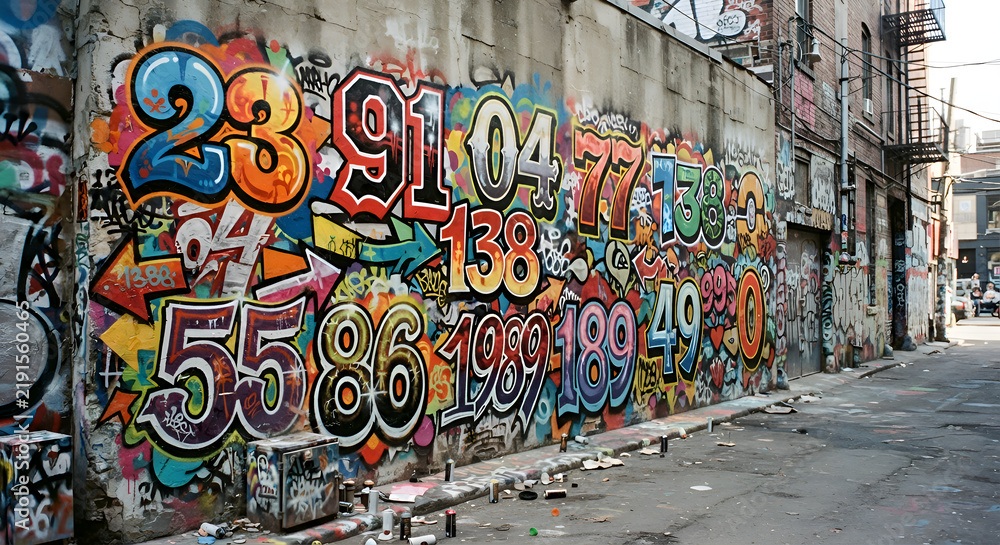 Obraz premium Colorful urban street art brick wall with vibrant glowing graffiti numbers and abstract spray paint drips in an alleyway