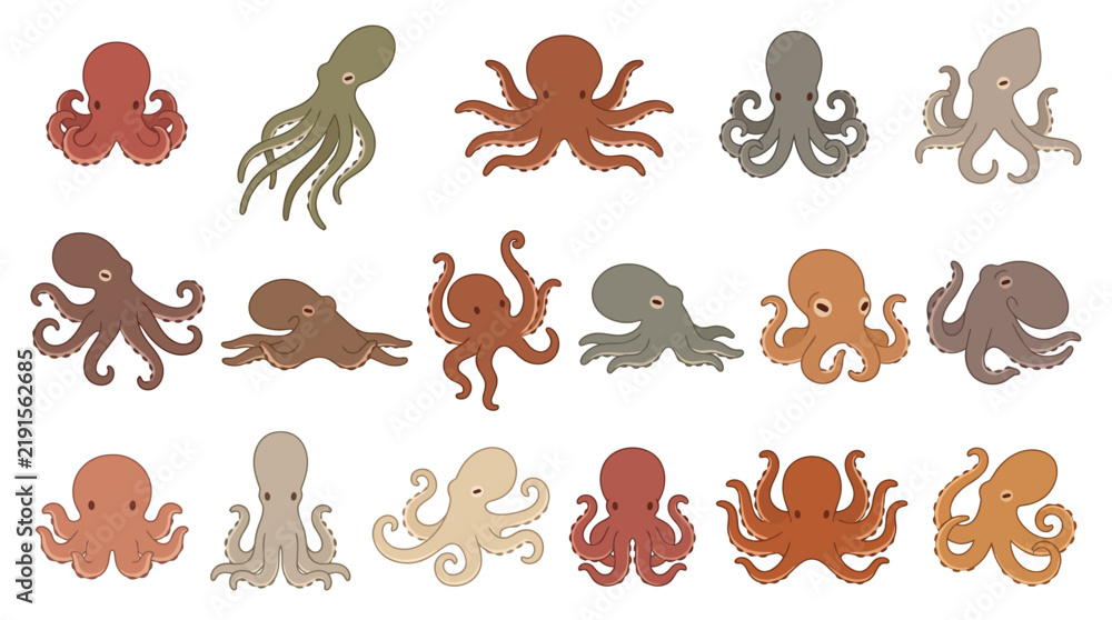 Obraz premium Set of various colorful cartoon octopuses in different poses isolated on white background.