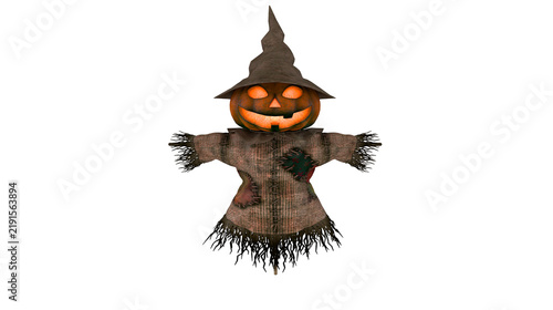 Cuadro en lienzo Glowing jack-o-lantern pumpkin head scarecrow with tattered burlap clothing