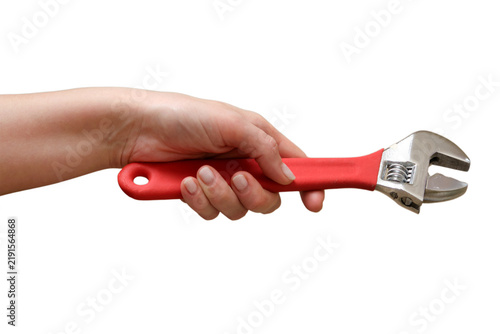 Obraz na płótnie Hand holding adjustable wrench fixing kitchen faucet