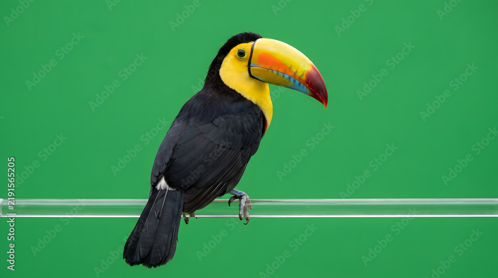Fototapeta premium A Toco Toucan with a large colorful beak perches on a glass rod against a solid green background