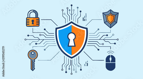 Cybersecurity Network Shield: A digital shield symbol at the center, representing cybersecurity, is surrounded by various icons such as a padlock, key, mouse, and shield emblem.