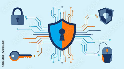Cyber Security Protection: A digital illustration representing cyber security, featuring a central shield icon surrounded by connected lines, a padlock, a key, and a computer mouse.
