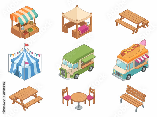Isometric Market Scene: A collection of isometric illustrations depicting various elements of a lively outdoor market, including stalls, food trucks, seating, and a tent.