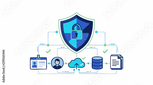 Digital Security Shield: An illustrated concept of digital security featuring a prominent shield with a padlock, representing data protection, alongside icons for identity cards, user profiles.