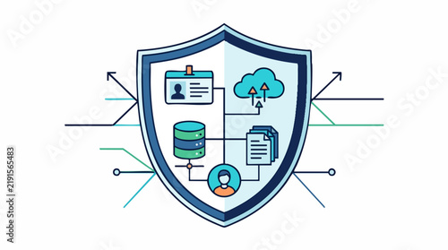 Data Security Shield: An illustration of a protective shield encompassing various digital elements, symbolizing data security and protection in the cloud computing era.