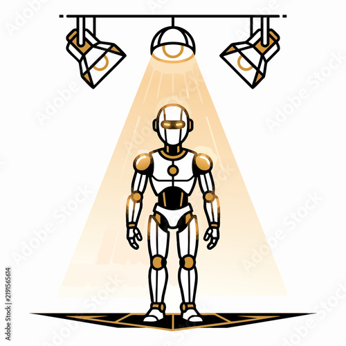 Illuminated Android: A sleek, modern android stands confidently on a spotlighted platform, ready for its close-up. The technological marvel is highlighted by three bright lights.