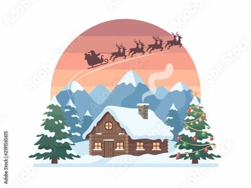 Christmas Eve Scene: A cozy log cabin nestled in a snowy mountain landscape, with Santa Claus and his reindeer soaring through the twilight sky. A decorated Christmas tree stands proudly nearby.