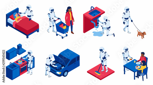 Robot Assistants: A set of illustrations showing robots performing various household chores and tasks for people, symbolizing the integration of automation into daily life.