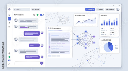 AI Chatbot Interface: A modern, clean interface showcasing a chatbot conversation alongside data analytics and AI network visualization.