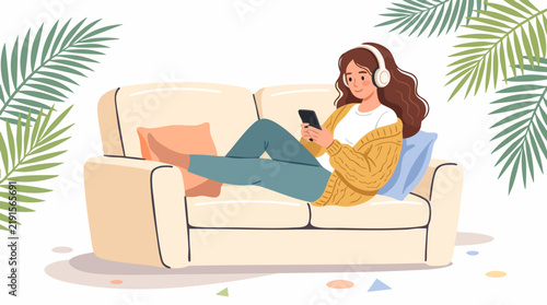 Relaxed woman on couch listening to music