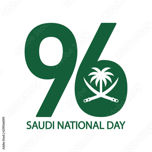 Saudi National Day 96 Vector Design with Palm Tree and Crossed Swords Emblem, 23 September Celebration