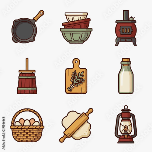 Minimalist Set of Rustic Kitchen and Camping Tools with Warm Earthy Tones with high quality professional line art symbols for modern creative design and digital branding projects