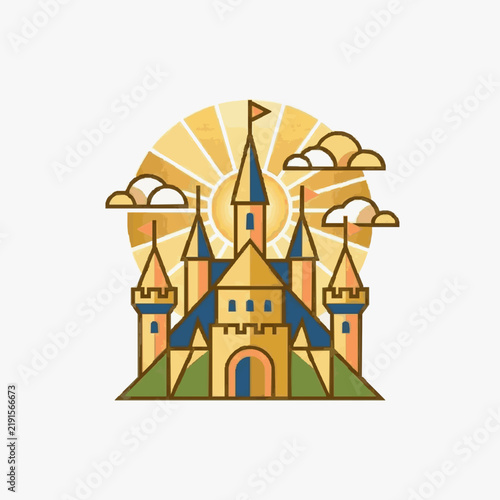 Minimalist of a Whimsical Castle with Sunset Silhouette and Clouds Featuring Warm Gradient Colors