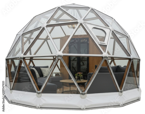 Modern glass geodesic dome glamping tent isolated with transparent background