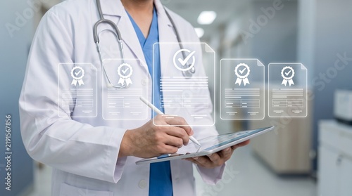 A medical worker work with virtual Quality Certificate and Checklist document analyst target marketing planning assignment with quality management.Guarantee,ISO 