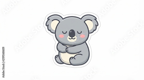 Kawaii koala sticker, cute sleeping bear illustration, adorable grey animal character on white background