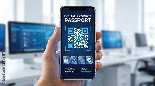Innovative digital product passport shown on sleek smartphone screen featuring secure QR code scanning interface with verification technology icons for supply chain transparency and data security. 
