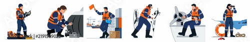 Fotografie Set of maritime worker illustrations featuring sailors, deckhands, and technical staff in safety gear performing various shipboard duties and operations