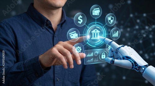 Obraz na płótnie Robotic hand interacting with futuristic financial technology interface 