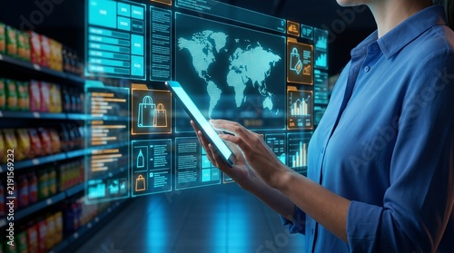 Woman using digital interface in supermarket, showing global data analytics for retail business. 