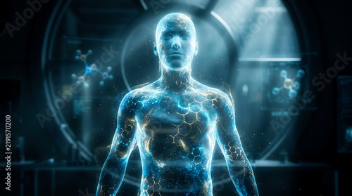 Futuristic holographic human body visualization with glowing internal organs and digital data, representing advanced healthcare, medical technology, diagnostics and artificial intelligence.