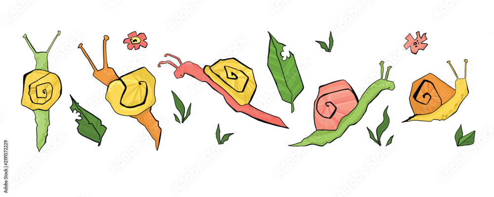 Obraz premium Cute snails and leaves. Hand drawn nature elements with colorful shells, flowers and greenery, playful garden collection, decorative doodle sticker. Vector cartoon isolated illustration