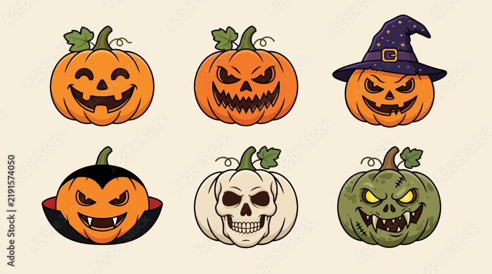 Fototapeta premium Collection of six cartoon Halloween pumpkins with spooky faces.