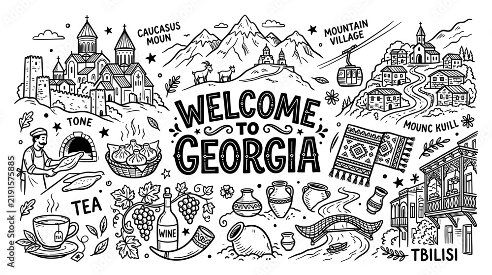Fototapeta premium Hand Drawn Georgia Travel Doodle Map Illustration