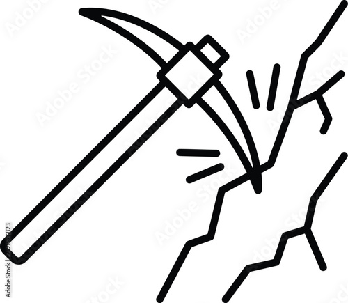 Mining pickaxe icon, line art tool, rock excavation vector