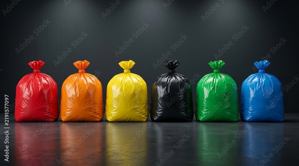 Obraz premium Six colorful garbage bags in a row against a dark background for waste sorting and recycling.