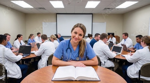 Professional female nurse sitting at a round table with an open medical textbook while doctors work on laptops behind her