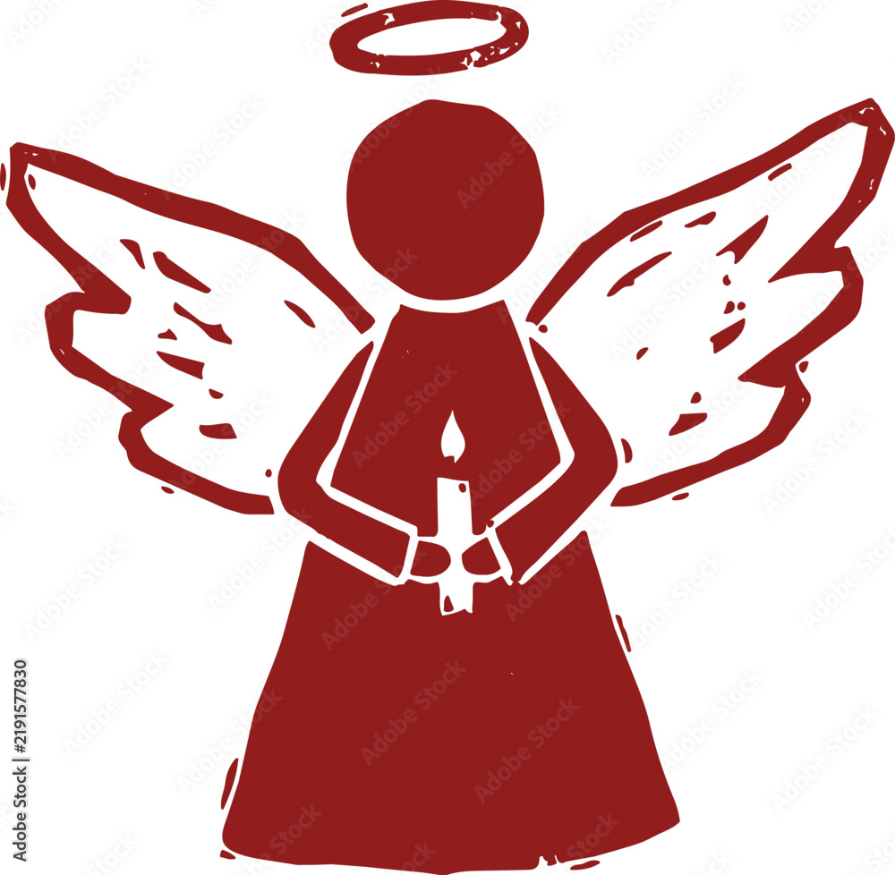 Fototapeta premium Angel holding a candle in red linocut style
