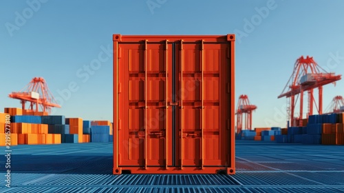 Intermodal container flat design front view port terminal 3D render Triadic Color Scheme. 