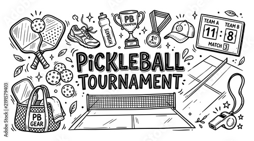 Pickleball Tournament Hand Drawn Doodle Set