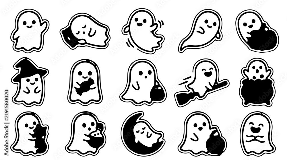 Fototapeta premium Cute Halloween Ghost Clipart Set Vector Planner Stickers