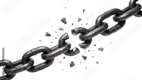 Foto Heavy metal chain breaking apart with fragments flying, isolated on transparent