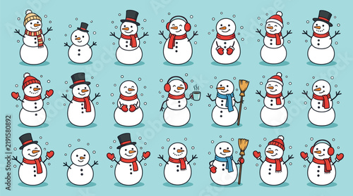 Cheerful snowman character collection vector illustration featuring various cute festive accessories for your holiday design project