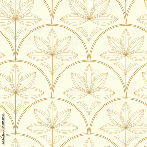 Art Deco Outline golden lotus flowers on fan shapes seamless pattern over ivory background. For wallpaper, home décor and wedding invitations
