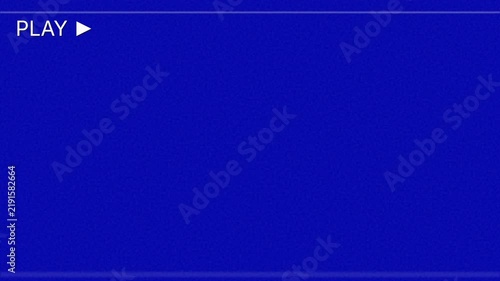 Retro VHS tracking play button animation on blue glitch screen background