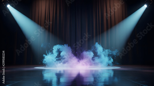 Dramatic Stage Entrance: Two powerful spotlights illuminate a smoky stage, casting ethereal beams onto a wet floor, creating a mystical and captivating atmosphere for a grand entrance.