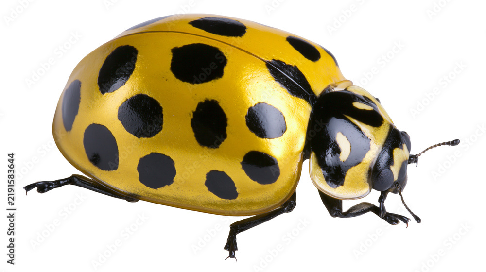 Fototapeta premium Yellow ladybug with black spots and shiny metallic shell