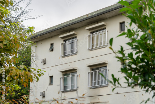 Fotografie Exterior of an old nostalgic public housing building surrounded by trees